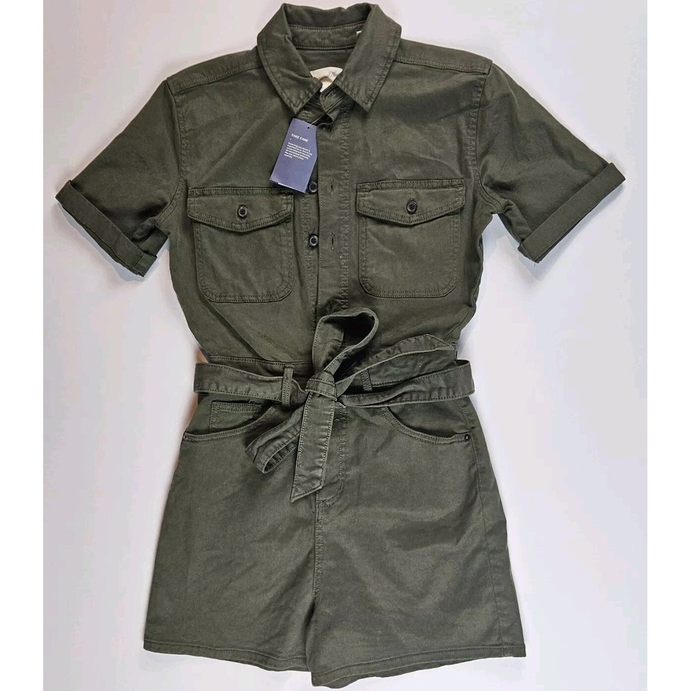 New Womens Universal Thread‎ Button Up Dark Green Short Sleeve Romper Utility
